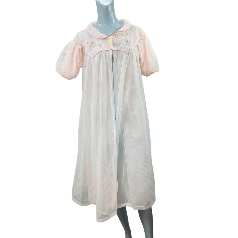 Vtg Sz 34 Godfried Pink Nylon Robe‎ Floral Embroidery USA Union Made